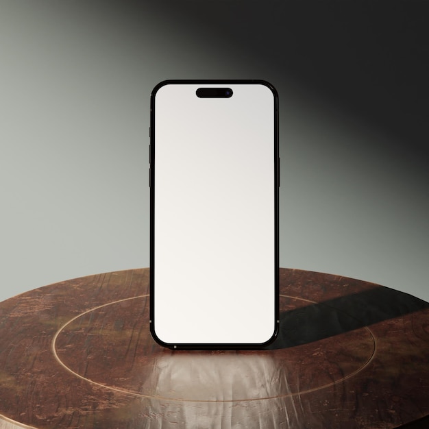 Tela de maquete de smartphone minimalista moderna em pé sobre a mesa de madeira para modelo de apresentação de aplicativo móvel