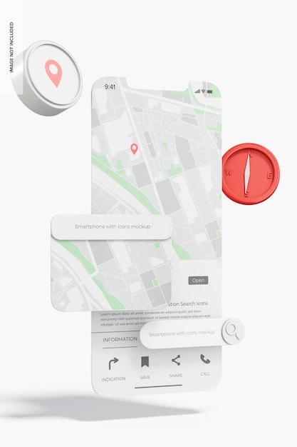 Tela de smartphone com maquete de ícones de pesquisa de localização, flutuante