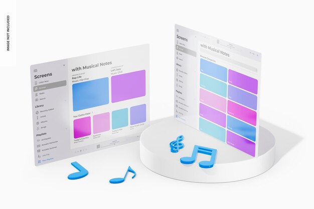 PSD tela de tablet com maquete de notas musicais, vista de alto ângulo