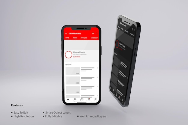 Tela do smartphone com perfil do youtube dark and light theme mockup psd