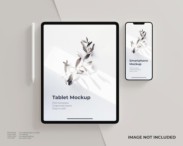 PSD tela do tablet e tela do smartphone com maquete de caneta stylus