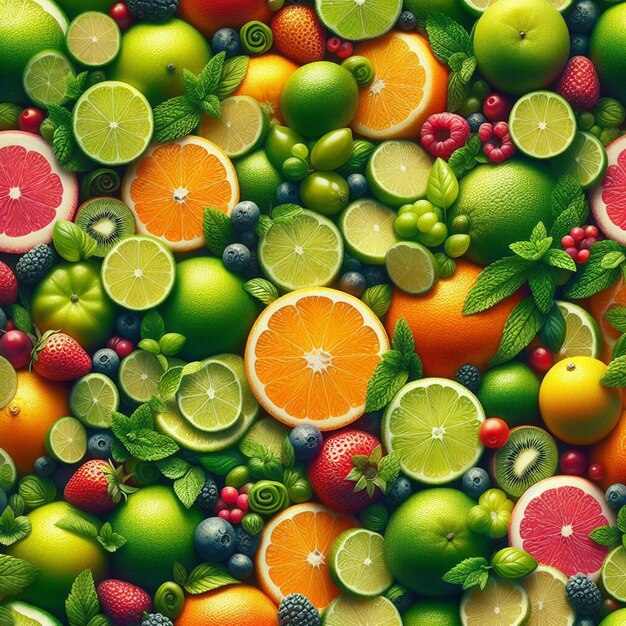 PSD tela hiperrealista sin costuras tropical frutal verde amarillo rojo limón textura de frutas