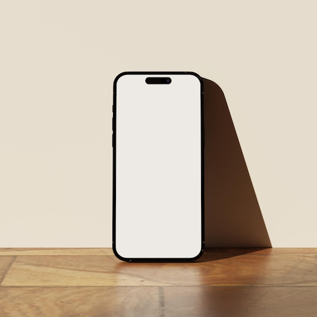 Tela minimalista de maquete de smartphone encostada na parede para apresentação do aplicativo ui ux