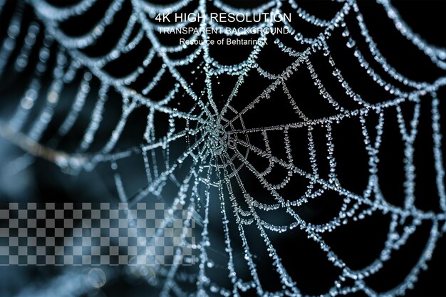 PSD telaraña congelada cubierta con pequeños cristales de hielo sobre fondo transparente