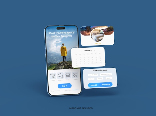 Telefon 14 pro isometrisches mockup-design von mobilen app-bildschirmen mit getrennten popups ui ux app-konzept 3d-rendering