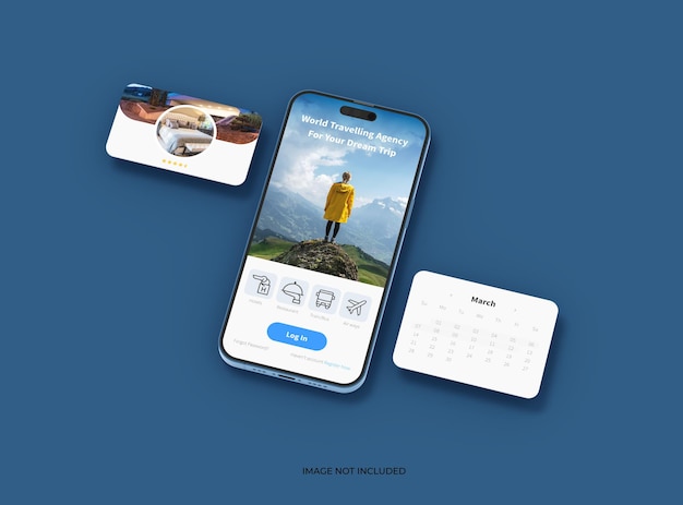 Telefon 14 pro isometrisches Mockup-Design von mobilen App-Bildschirmen mit getrennten Popups ui ux App-Konzept 3D-Rendering