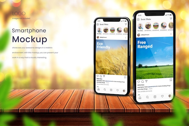Telefon instagram mockup von zwei smartphones auf holztischplatte im freien