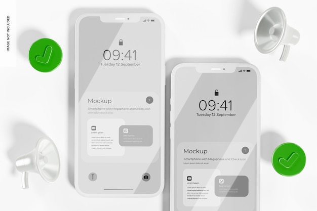 PSD telefon mit megaphon und check-icons mockup