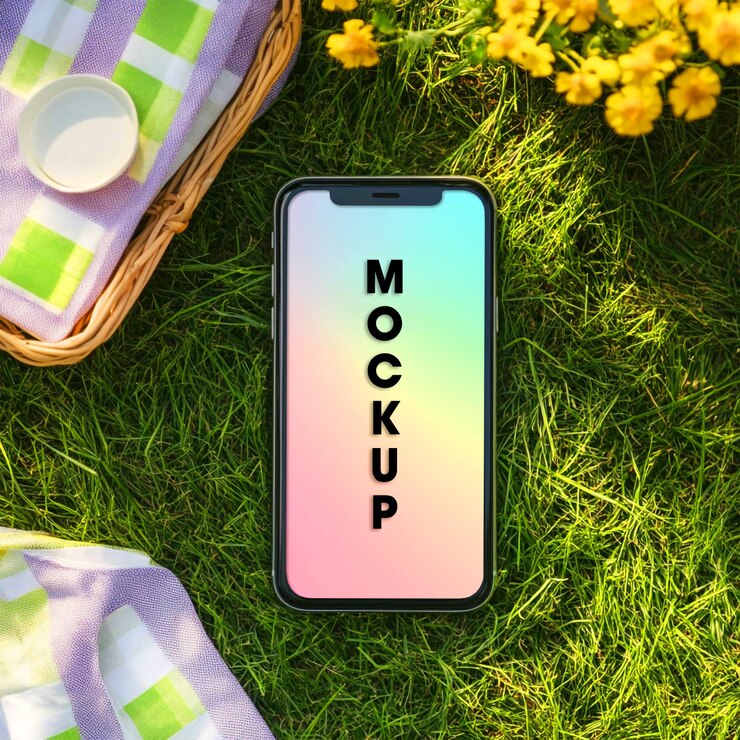 PSD telefon-mockup frühlings-piknik auf gras-hintergrund