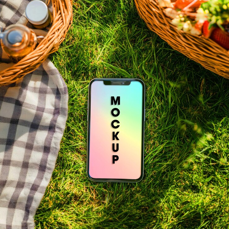 PSD telefon-mockup sommerpicknick auf grünem gras