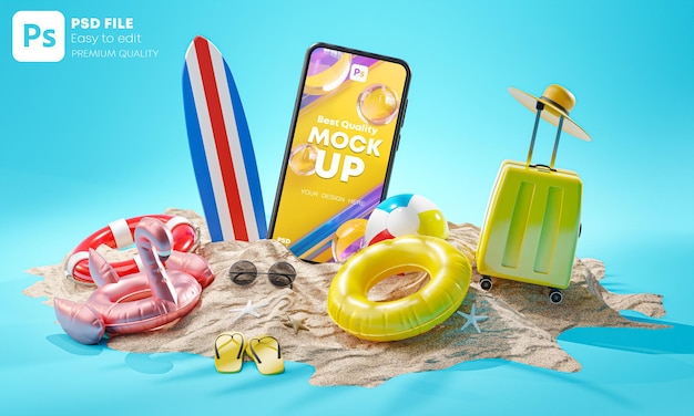 PSD telefon mockup sommerurlaub hintergrund konzept strand zubehör 3d-rendering