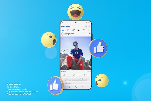 PSD telefon von social media mockup auf smartphone und emoticon