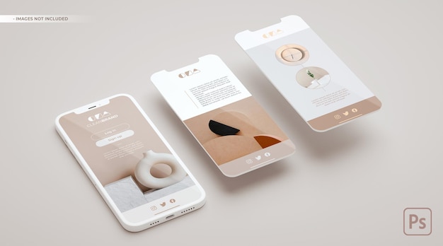 Telefonbildschirmmodell und zwei schwebende Folien im 3D-Rendering. App-Designkonzept