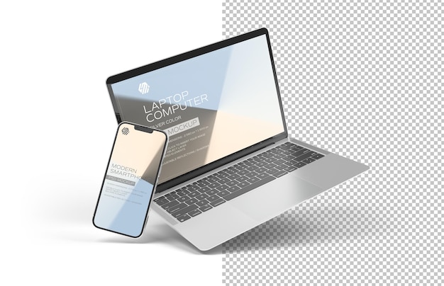 Telefone celular e laptop isolados na maquete branca
