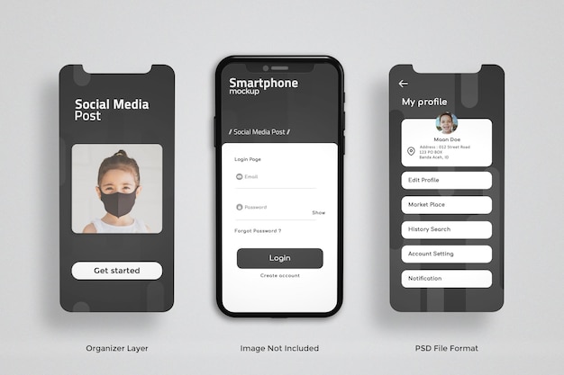 PSD telefone e tela para maquete de apresentação do aplicativo