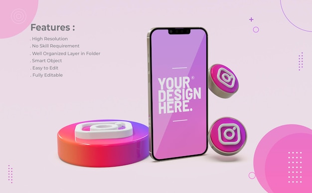 Telefone Mockup Instagram com ícone 3d realista
