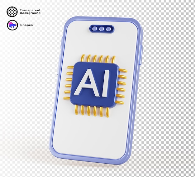 Telefono cellulare 3D con icona di chip AI sullo schermo bianco rendering concetto di tecnologia di innovazione di intelligenza artificiale smartphone isolato con microchip processore scheda di circuito di computer