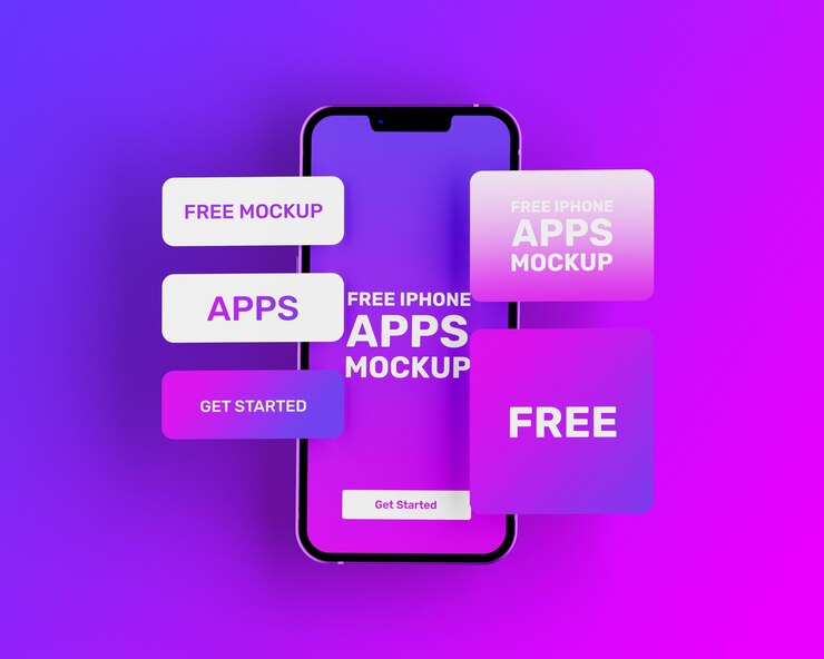 PSD un teléfono celular púrpura y rosa con las palabras aplicación gratuita en la pantalla