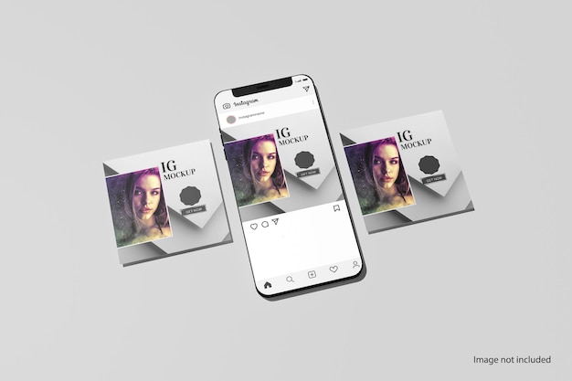 Telefono con mockup di post sui social media