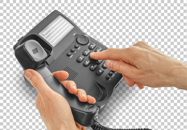 Telefono da ufficio con composizione manuale isolato su sfondo trasparente Concetto di contatto e supporto