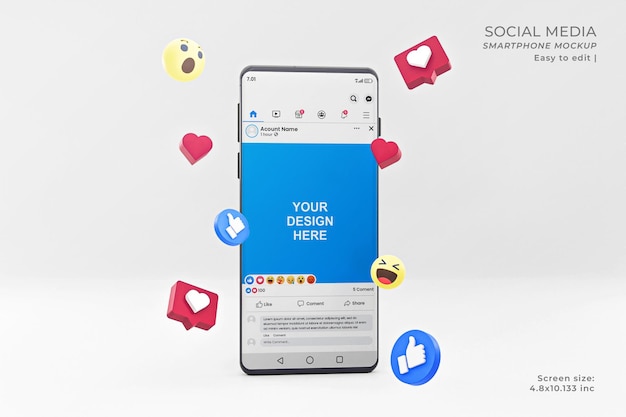 Telefono del mockup dei social media su smartphone ed emoticon