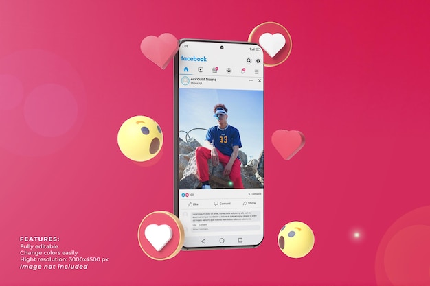 Telefono del mockup dei social media su smartphone ed emoticon
