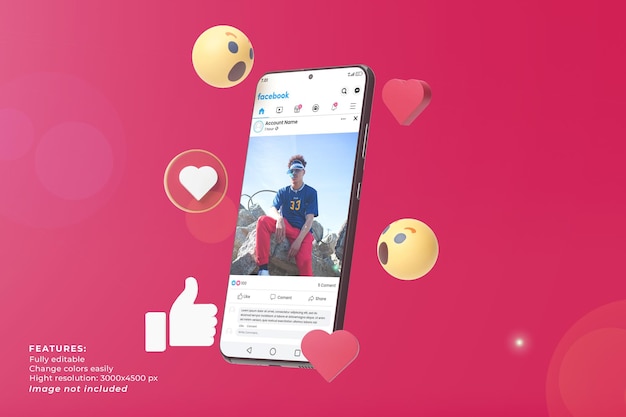 Telefono del mockup dei social media su smartphone ed emoticon