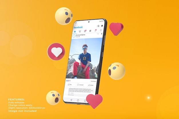 Telefono del mockup dei social media su smartphone ed emoticon