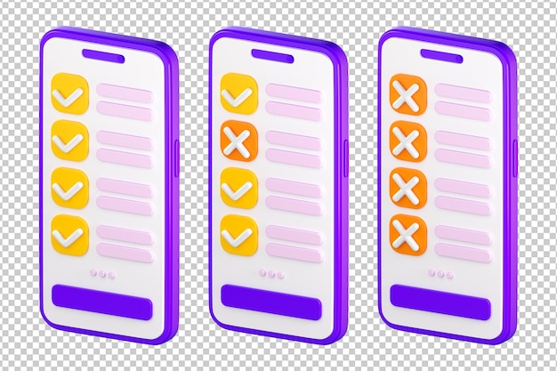 Teléfono inteligente 3d con lista de verificación en la pantalla. Todo o lista de tareas, formulario de votación, concepto de encuesta en línea