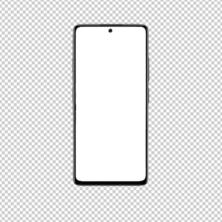 PSD un teléfono inteligente blanco con una pantalla en blanco se sienta en un fondo transparente