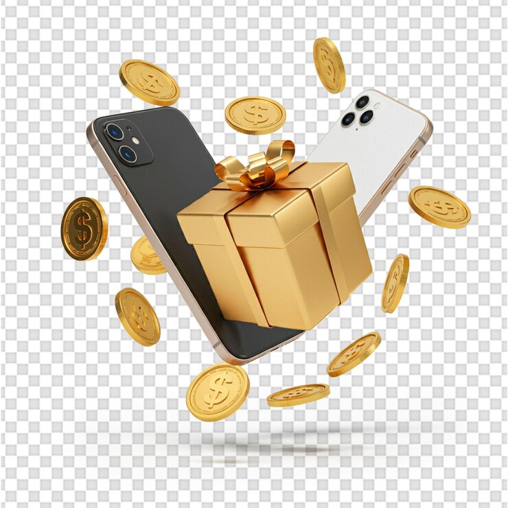 un teléfono inteligente con una caja de oro redondeada por monedas de oro aisladas sin fondo