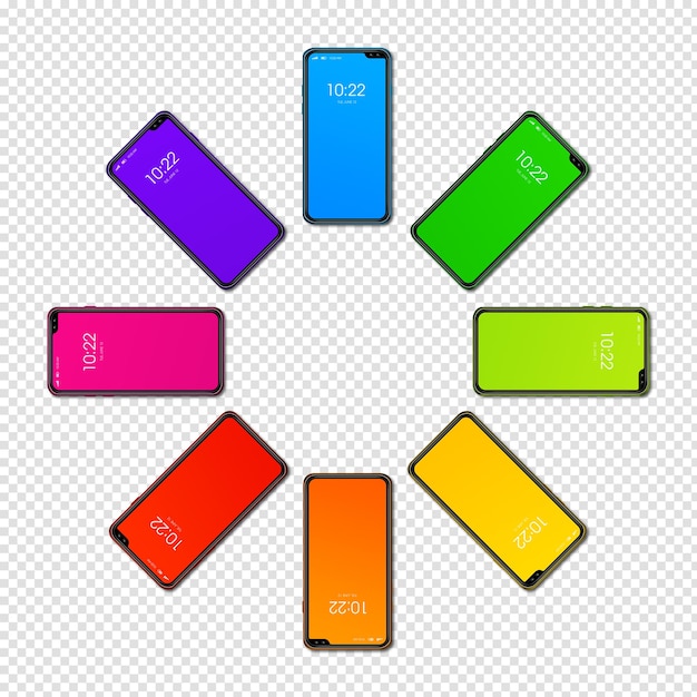 Teléfono inteligente de colores del arco iris en forma de círculo aislado en una representación 3d transparente