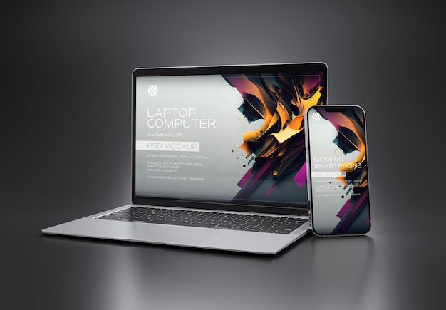 Teléfono inteligente y computadora portátil en Mockup oscuro