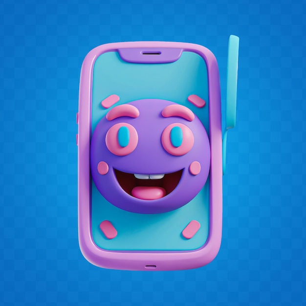 Un teléfono inteligente de dibujos animados en 3D con un emoji sonriente