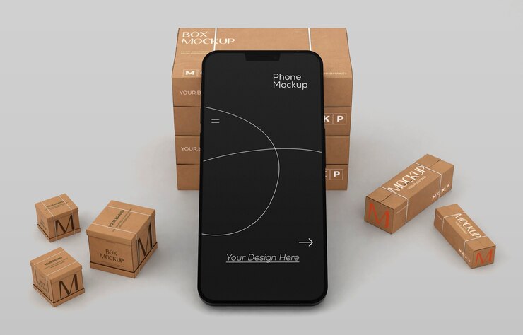 PSD teléfono inteligente con diseño de maqueta de caja de envío