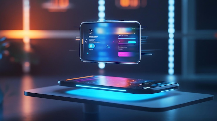 PSD un teléfono inteligente futurista levitando por encima de una base que muestra una interfaz dinámica con acentos de neón brillantes