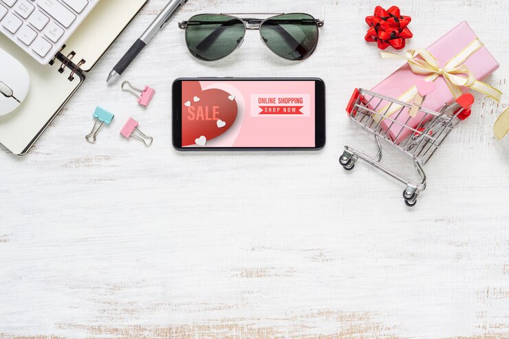 PSD teléfono inteligente, gafas de sol y carrito de compras para compras en línea por internet