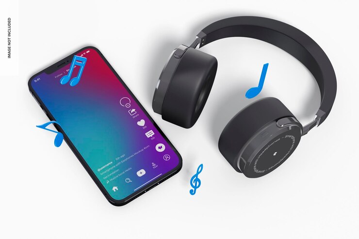 PSD teléfono inteligente con maqueta de auriculares, perspectiva