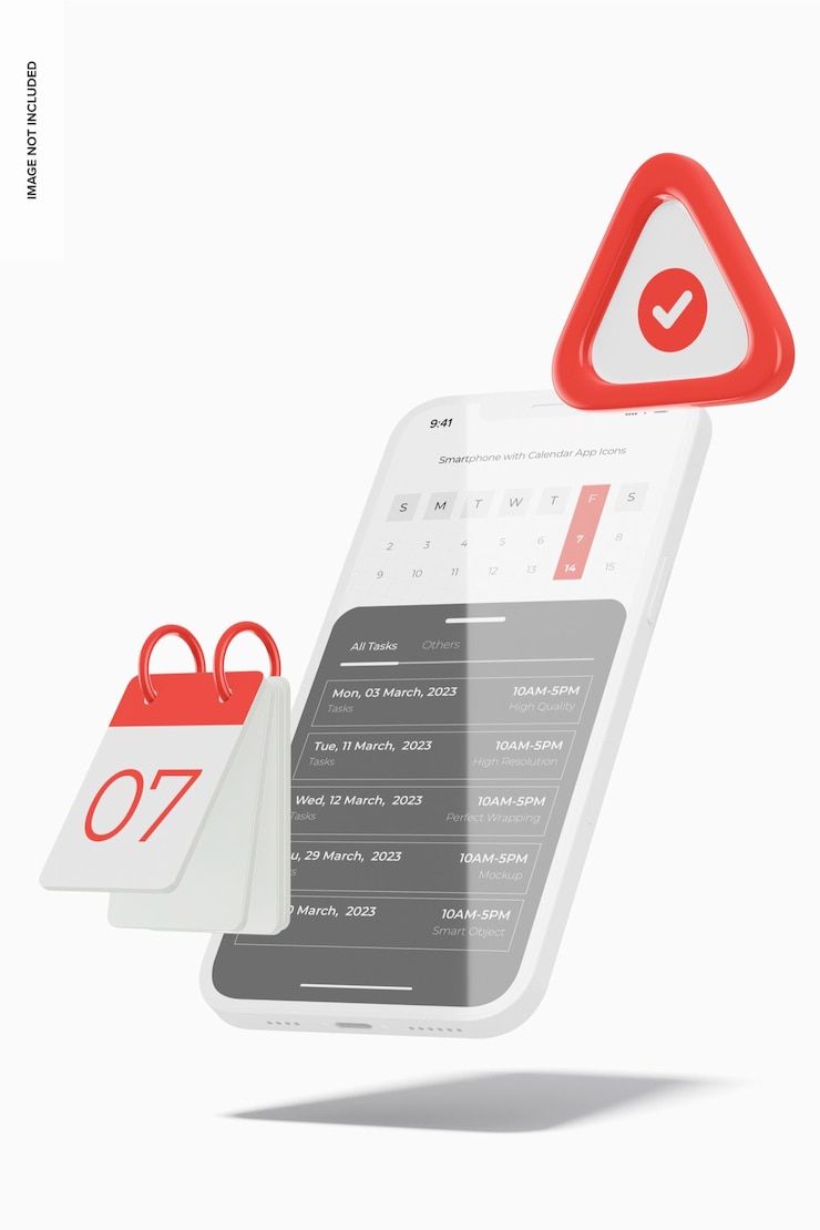 PSD teléfono inteligente con maqueta de iconos de aplicación de calendario, flotante