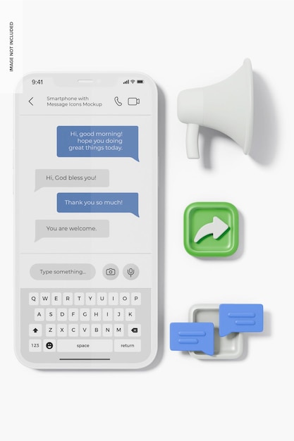 PSD teléfono inteligente con maqueta de iconos de mensaje, vista superior