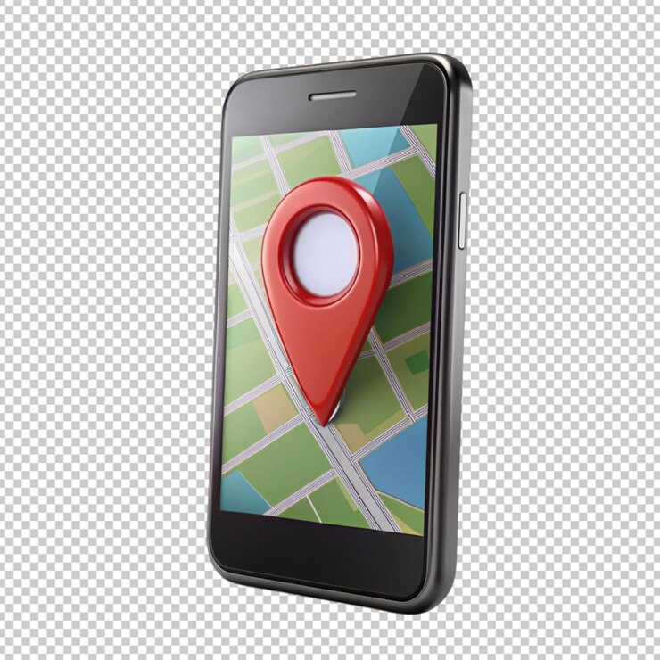PSD teléfono inteligente negro con pin de ubicación del mapa