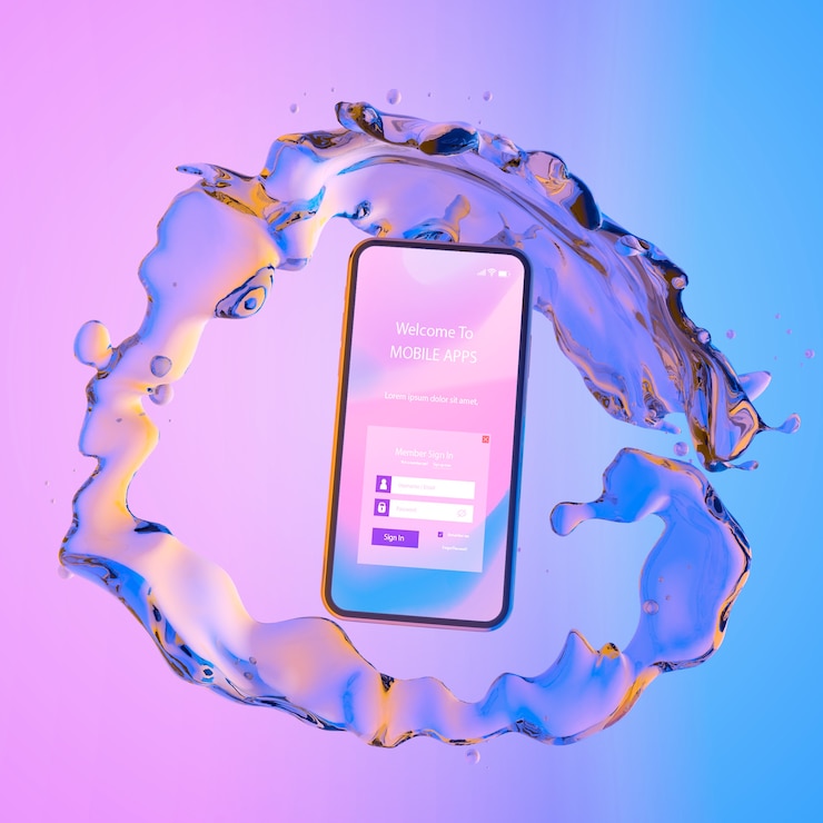 PSD teléfono inteligente con pantalla de login y fondo líquido colorido