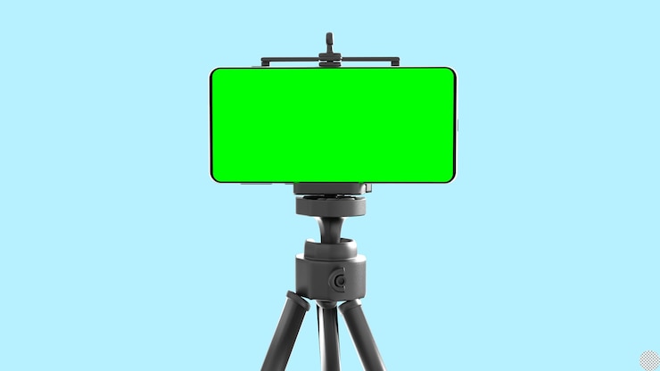 PSD teléfono inteligente con pantalla verde en tipod aislado renderizado 3d realista para maqueta de aplicación