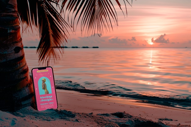 PSD un teléfono inteligente en la playa, una maqueta de verano.