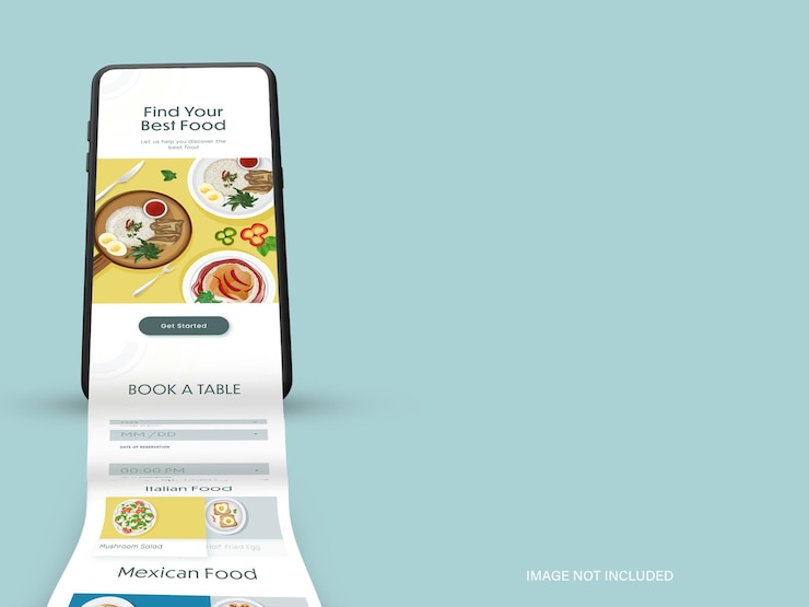 PSD teléfono inteligente realista con pantalla de desplazamiento de la aplicación foodie sobre fondo azul