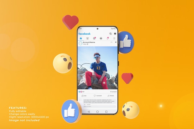 Teléfono de maqueta de redes sociales en teléfono inteligente y emoticon