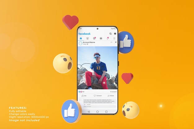 PSD teléfono de maqueta de redes sociales en teléfono inteligente y emoticon
