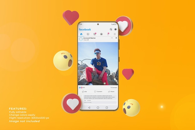 Teléfono de maqueta de redes sociales en teléfono inteligente y emoticon