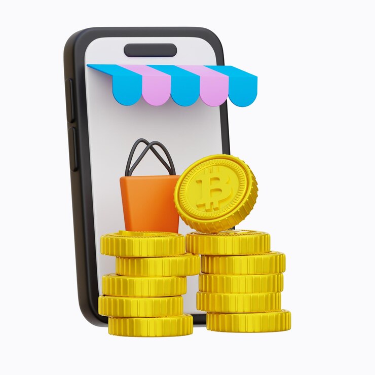 PSD un teléfono con un montón de bitcoin y una bolsa de monedas de oro