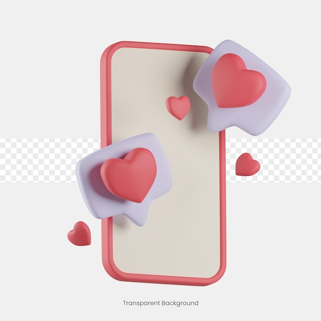 Teléfono móvil 3d con pantalla en blanco con corazones, símbolo de amor, concepto de día de san valentín. procesamiento 3d